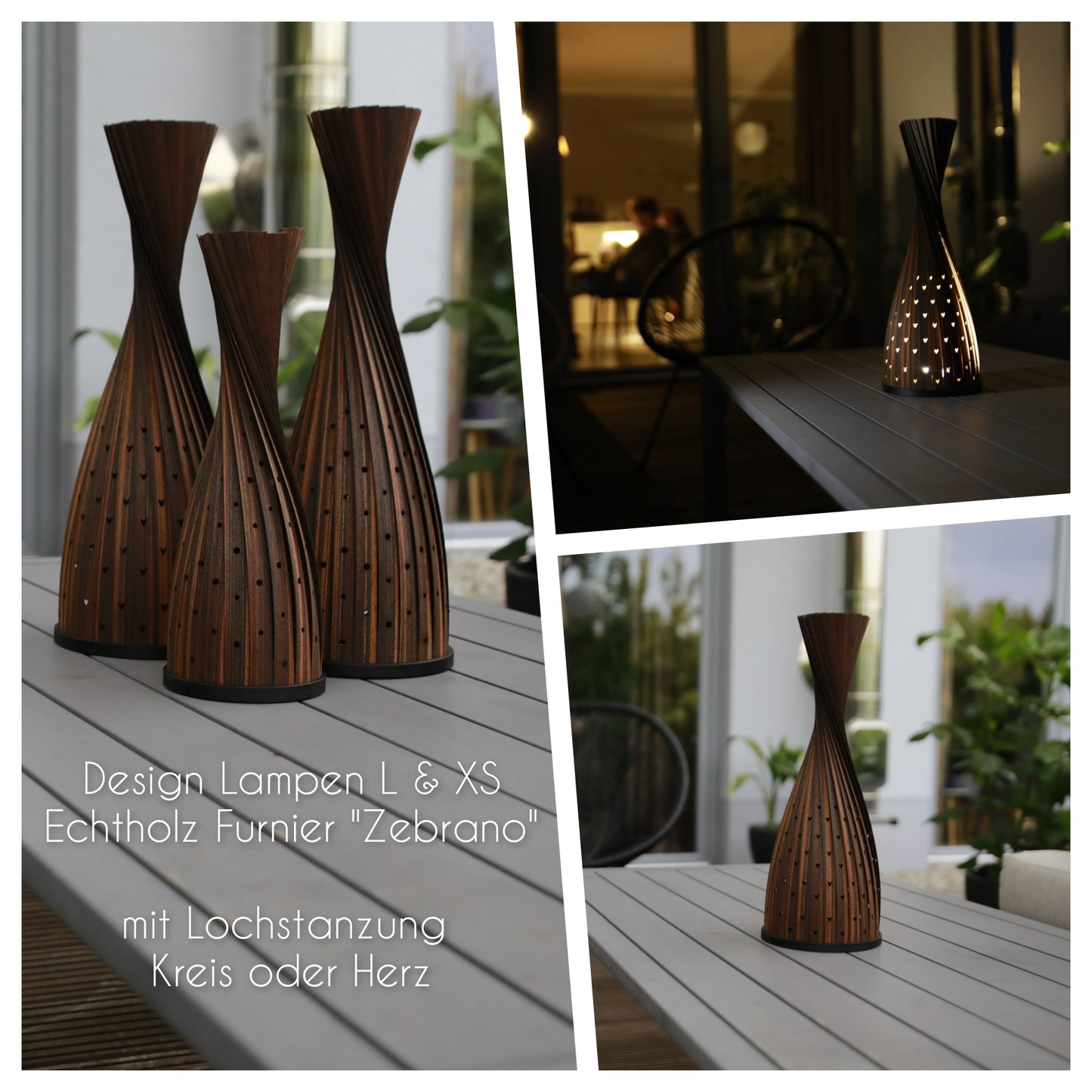Design Lampe L, Echt - Holz - Furnier, Zebrano, mit Herzen ❤